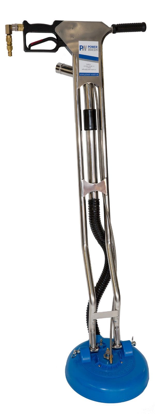 12 Zoll Turbo-Hybrid Bodenwäscher mit Edelstahlgestänge, Pistolengriff und blauer Reinigungshaube vor weißem Hintergrund.