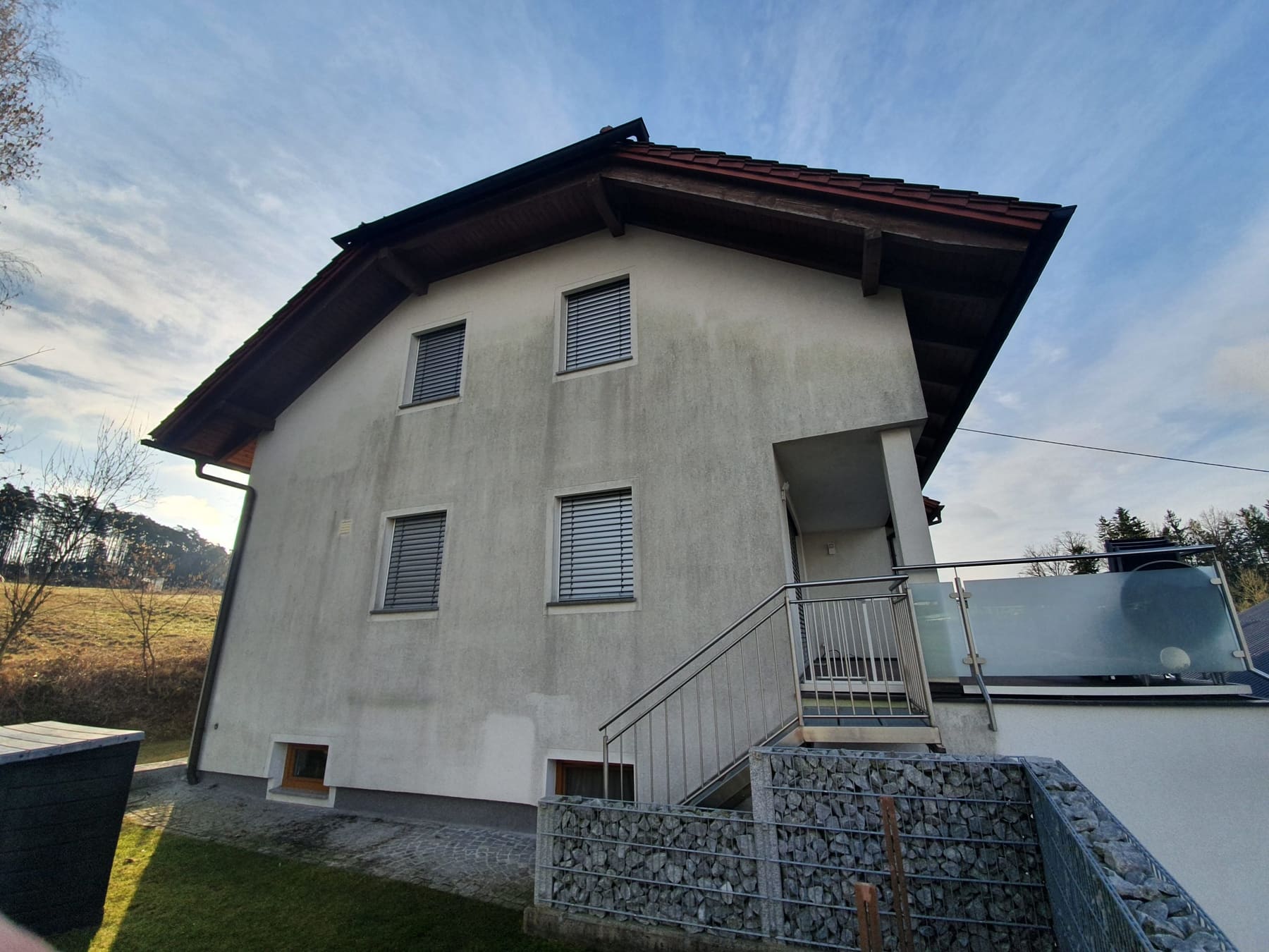 Putzfassade eines Einfamilienhauses vor der Reinigung, mit grauen Verschmutzungsschleiern.